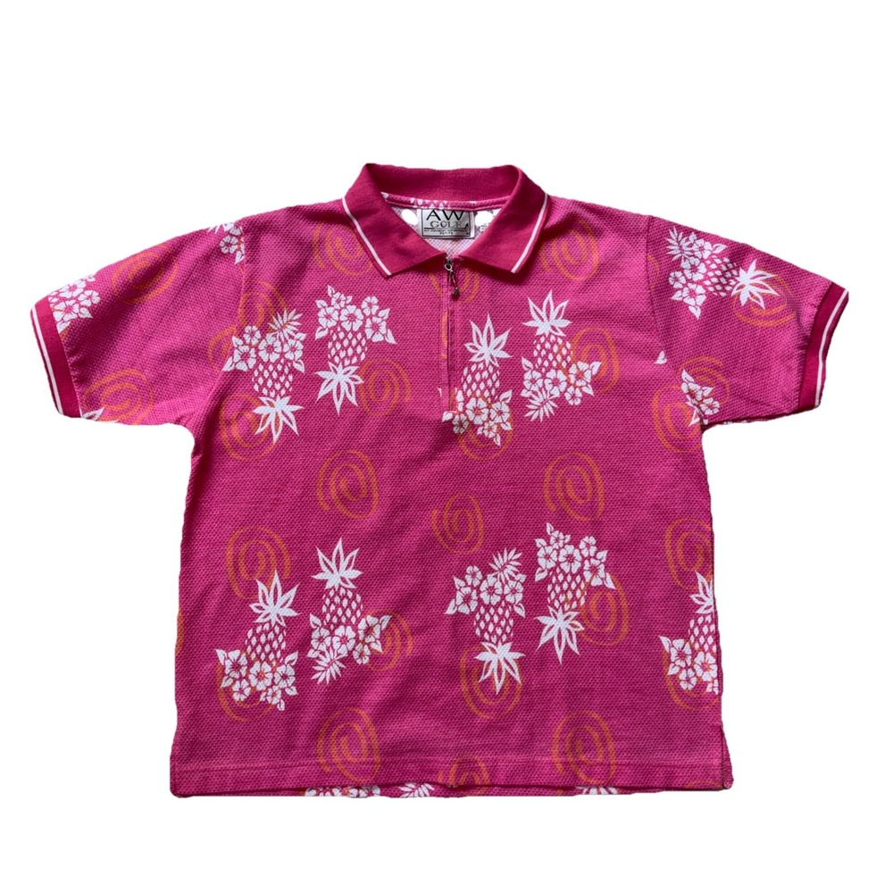 AW Golf Women's PM Pink Tropical Pineapple Zip Polo Shirt Y2K Golfcore Preppy